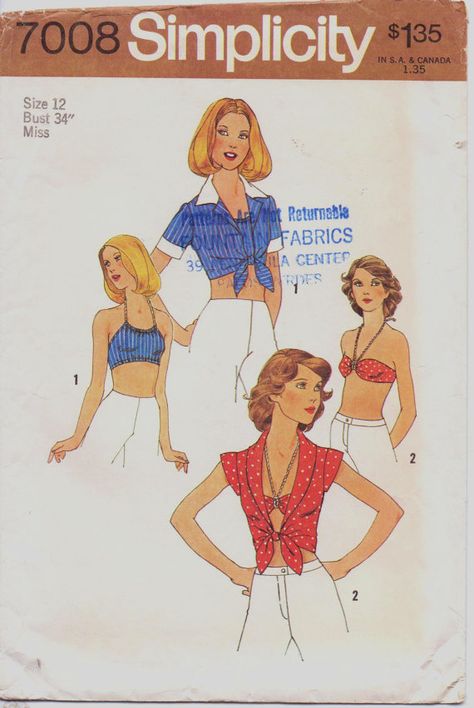 Vintage 1970s Simplicity Pattern 7008 Womens Tops by CloesCloset, $11.00 Tie Front Top Pattern, Vest Top Pattern, Crop Top Sewing Pattern, 70s Sewing Patterns, Vintage Clothes Patterns, 1970s Sewing Patterns, Boho Fashion Bohemian, Top Sewing Pattern, Halter Tops