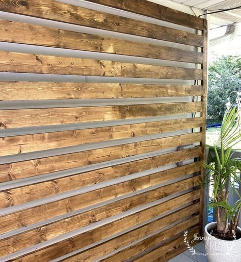 Outdoor Wood Privacy Panels, Diy Wood Privacy Wall Patio, Outdoor House Wall Decor, Wood Wall Outside, Outdoor Shiplap Wall, Patio Walls Ideas, Outdoor Panel Wall, Wood Slat Privacy Wall, Outside Wall Design Outdoor