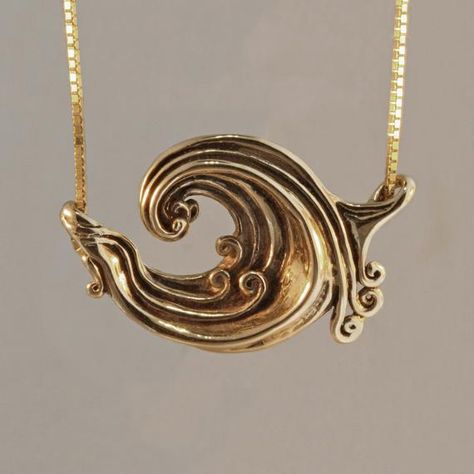 Ride the Wave, wearing this fluid and powerful Rip Curl Wave pendant! The piece is cast in solid 14k Gold, is 1 1/2" across and sculpted carefully all around. My inspirations in creating this design were many. First of all I love to design abstract and fluid pieces with obvious Art Nouveau influences. Secondly, my studio is in Santa Cruz, with many legendary surf spots nearby and finally, I love and admire the iconic Japenese wood block prints of the "Great Wave." This item usually ships the sam Surfer Jewelry, Wave Pendant, Wave Jewelry, Surf Spots, Ride The Wave, Ocean Necklace, Wave Necklace, Gold Waves, Ocean Jewelry