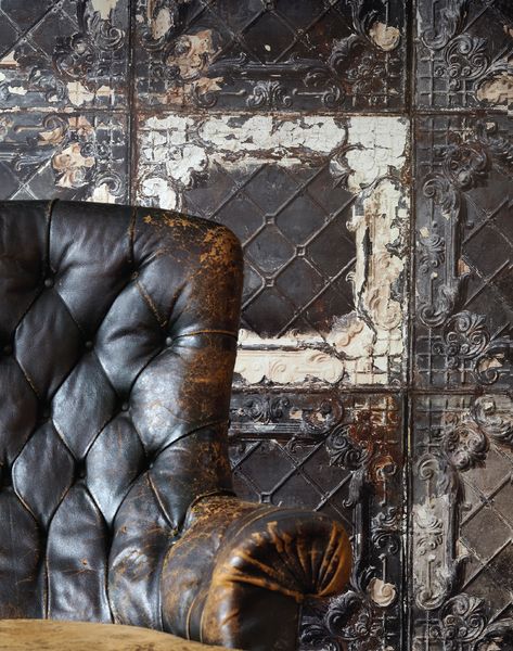 Wallpaper by Merci for NLXL - Available at The Pattern Collective Leather Couch Living Room Decor, Brown Leather Couch Living Room, Small House Inspiration, Tin Interior, Mountain Dream Homes, Warehouse Living, Leather Couches Living Room, French Country Garden Decor, Moody Decor