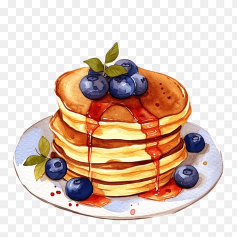 Blueberry Pancakes Watercolor Clipart Pancake Illustration, Blueberry Art Illustration, Drawing Of Pancakes, Watercolor Clipart Vintage, Pancakes Art Drawing, Pancake Recipe Illustration, Pancake Watercolor, Pancake Drawing, Food Clipart