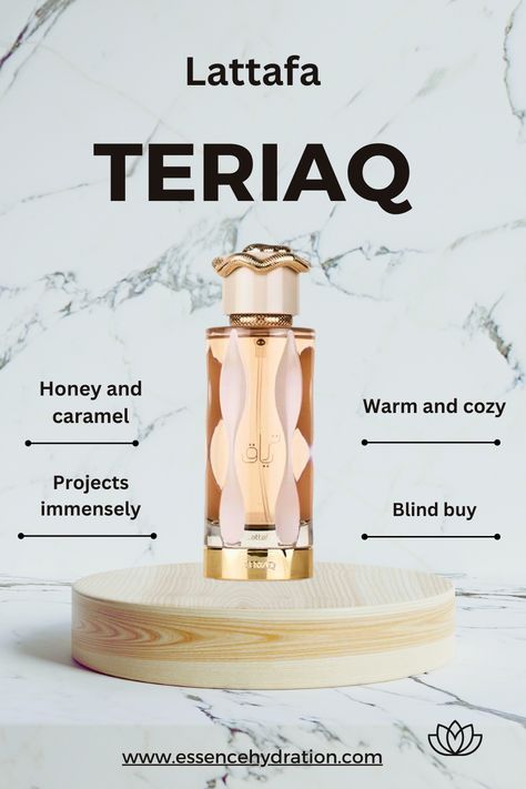 Teriaq by Lattafa Perfumes is a fragrance for women and men. This is a new fragrance. Teriaq was launched in 2024. The nose behind this fragrance is Quentin Bisch. Top notes are Caramel, Bitter Almond, Pink Pepper and Apricot; middle notes are Honey, Rhubarb, White Flowers and Rose; base notes are Leather, Vanilla, Musk, Vetiver and Labdanum. Perfume Lattafa Teriaq, Lattafa Perfume, Unisex Fragrance, Oud Perfume, Long Lasting Perfume, Amazon Beauty Products, Perfume Scents, Perfume Collection, Long Lasting