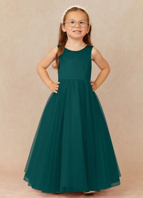 Ivory Azazie Muni A-Line Bow Tulle Ankle-Length Dress | Azazie Peacock Flower Girl Dress, Sage Flower Girl Dress, Green Flower Girl Dresses, Tea Length Flower Girl Dress, Flower Girl Dresses Blue, Ivory Flower Girl, Ivory Flower Girl Dresses, Tulle Flower Girl, Flower Girl Dresses Tulle