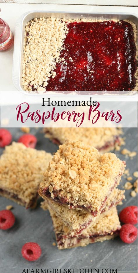 Homemade Raspberry Oatmeal Bars are probably one of the easiest dessert bars to make. Raspberry Bars are made with an oatmeal cookie base, store-bought or homemade raspberry jam, and oatmeal crumb topping. #raspberrybars #raspberry #cookies #desserts #raspberryoatmealbars Thanksgiving Desserts Cookies, Oatmeal Crumb Topping, Raspberry Oatmeal Bars, Raspberry Crumble Bars, Oatmeal Crumble, Easy Dessert Bars, Homemade Raspberry Jam, Raspberry Oatmeal, Raspberry Bars