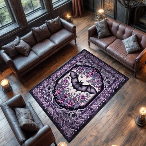 Add a gothic touch to your home with this mesmerizing bat-themed rug. Featuring an intricately designed bat surrounded by a flourish of vibrant flowers, this rug combines the mysterious allure of the night with the delicate beauty of nature. The detailed border design enhances the central artwork, making it a perfect addition to any gothic or Halloween-inspired decor. This washable and durable rug is ideal for adding a unique and spooky elegance to your living room, bedroom, or study, while also Rustic Gothic Home Decor, Bat Rug, Maximalist Rug, Goth Rug, Witchy Products, Gothic Furniture Diy, Goth Interior, Gothic Rug, Bat Design