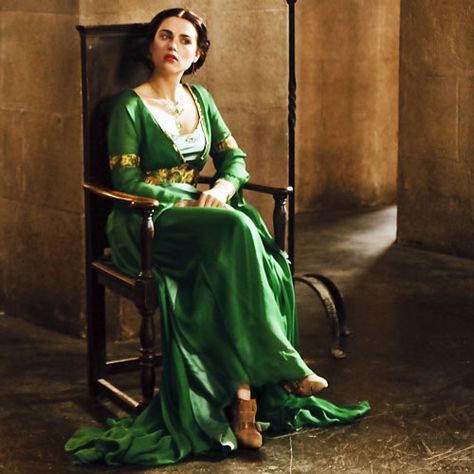 Katie McGrath as Morgana Pendragon, BBC Merlin, the green dress Colorful Gown, Merlin Morgana, Morgana Pendragon, Medieval Cosplay, Bbc Merlin, Lacey Dress, Lena Luthor, Katie Mcgrath, Off White Dresses