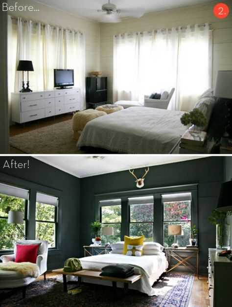 A stunning before and after.  Dark walls with furniture centered around the windows Perfect Paint Color, Light Bedroom, After Pictures, Trendy Bedroom, Gray Bedroom, Bedroom Green, Bedroom Paint, Low Light, My New Room