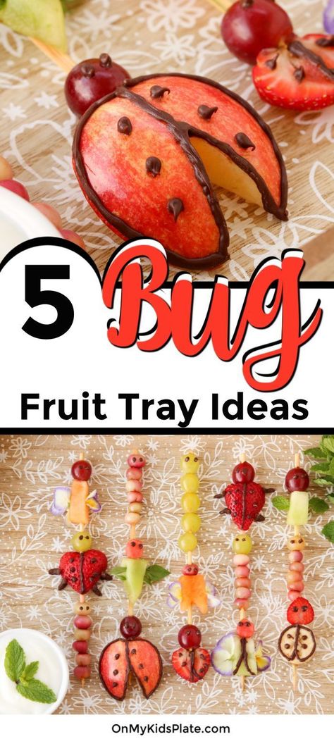 These cute bugs are fun for kids for your next birthday party or just for a fun fresh fruit tray ideas! Learn five different bug ideas to make for adorable snacks, including a gooey chocolate dip. Start with the cute caterpillar kabobs for an easy and healthy idea, or try them all! #onmykidsplate #fruittrayideas #birthdaypartyideas #healthypartyideas #cutefood #funfoodforkids #dip #fruitideas #partyideas Fruit Tray Ideas, Bug Food, Fruit Recipes For Kids, Bug Snacks, Cute Caterpillar, Cute Bugs, Chocolate Dip, Fruit Trays, Birthday Party Snacks