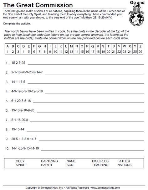 The Great Commission - Decoder Puzzle The Great Commission Craft Sunday School, The Great Commission For Kids, Great Commission Craft For Kids, The Great Commission Craft, Great Commission Craft, Awana Activities, Sunday School Activity Sheets, Bible Activity Sheets, Teaching Calendar