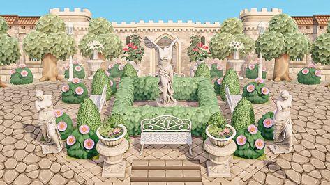 Acnh Elegant Flower Garden, Animal Crossing Circle Path, Animal Crossing Entrance Ideas, Greek Garden, Royal Animals, Pink Island, Castle Decor, Animal Crossing Wild World, Island Theme