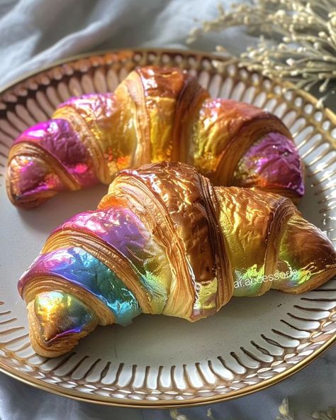 Unicorn croissants 🦄🥐 #croissant #gourmet #foodie #shiny #sparkle #iridescent #iridescentart #aiart #breakfast Crazy Drinks, Wacky Art, Jelly Food, Fairytale Food, Diy Rhinestone Crafts, Easter Nail Art Designs, Fantasy Food, Dye Flowers, Easter Nail Art