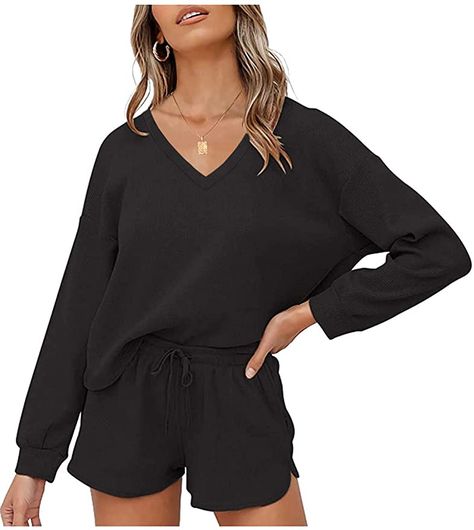 MEROKEETY Women's Long Sleeve Waffle Lounge Sets V Neck Top and Shorts 2 Piece Pajama Set Pockets Outfits at Amazon Women’s Clothing store House Clothes, Long Sleeve And Shorts, Casual Suit, Long Sleeve Knit Tops, Pyjama Set, Long Sleeve Pyjamas, Drawstring Shorts, Long Blouse, Casual Blouse