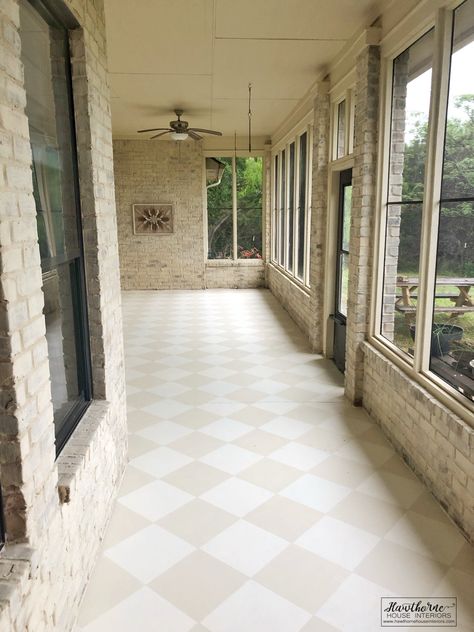 Create a beautiful outdoor space you'll love! Give your porch or patio a makeover by painting the concrete floors. Outdoor Cement Paint, Paint Front Porch Concrete Stenciled Floor, Concrete Marble Flooring, Checkerboard Floor Sunroom, Checkered Stained Concrete, Checkerboard Painted Concrete, Concrete Mudroom Floor, Sun Porch Flooring Ideas, Checkerboard Concrete Patio