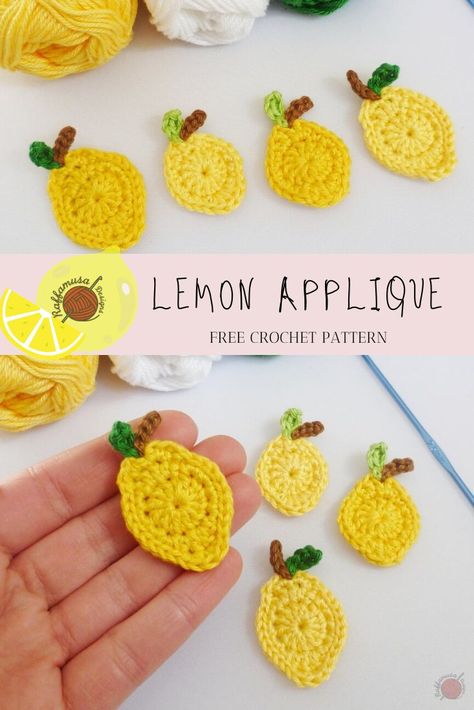 A fun crochet lemon applique pattern that comes in a small and large size. Crochet one lemon to applique on your summer makes, kitchen decor, or anything yarn! #crochet #lemon #applique #crochetapplique #crochetfood #crochetlemon #embellishment #uncinetto #haken #ganchillo #pattern #free #freecrochet #freecrochetpattern #crochetappliques #tuttifrutti #limone #fruit #crochetfruit #tejer Lemon Applique, Lemon Crochet, Crochet Lemon, Crochet Applique Patterns Free, Buat Pita, Crochet Fruit, Crochet Food, Fun Crochet, Quick Crochet