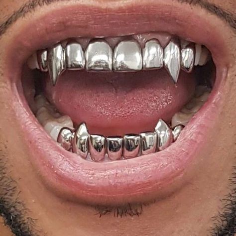 Custom made set of eight caps covers 8 teeth and each canine has a vampire cap. You can choose any teeth on your top or bottom 8 and is available in silver, yellow or white dental gold, 10k, 14k and 18k solid yellow, rose and white gold (not plated). Our quality is guaranteed and comes with a standard shiny/ mirror finish. To add more caps, select the quantity and specify which teeth you want made. Includes free mould kit with two tries and a prepaid return label/ envelope so you do not need to Fang Grillz, Grillz Teeth, Diamond Teeth, Grills Teeth, Tooth Gem, Teeth Jewelry, Gold Teeth, Mold Kit, Dope Jewelry