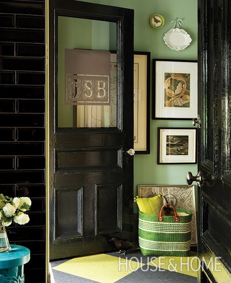 Pale green walls feel true to this century home’s history, but pairing them with black and chartreuse carpet tiles gives this small entryway a thoroughly modern update. | Designer:     Jean Stéphane Beauchamp Photo: Monic Richard Pastel Rooms, Home Depot Carpet, Carpet Staircase, Kitchen Carpet Runner, Green Hallway, Mudroom Decor, Pastel Walls, Cheap Carpet Runners, Pastel Room