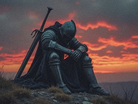 Knight Dark Aesthetic, Medieval Soldier Aesthetic, Playstation Profile Pictures, Dark Brotherhood Wallpaper, Knight Praying, Assassin Drawing, Knight Resting, Therapy Friend, Battle Aesthetic