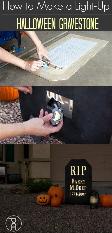 how to diy wood halloween tombstone gravestone lighted yard sign outdoor #halloween #halloweendecor Diy Wood Halloween, Halloween Tombstones Diy, Tombstone Diy, Halloween Gravestones, Diy Halloween Party, Wood Halloween, Beetlejuice Halloween, Halloween Wood Crafts, Halloween Graveyard