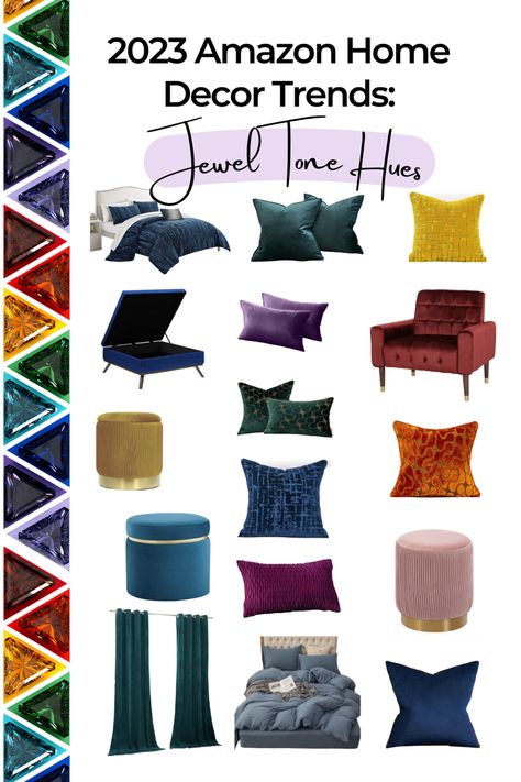 Jewel tone home decor.  Dark blue velvet bedspread. Emerald green throw pillows.   Ruby red tufted velvet accent chair with arms and black legs. Emerald green and sapphire blue geometrical plaid striped throw pillows. Emerald green velvet curtains. Amethyst velvet 12 by 20 inch throw pillows. Textured plum purple 12 by 20 inch throw pillows. Sapphire blue velvet ottoman with gold base. Light pink velvet ottoman with gold base. Yellow velvet ottoman with gold accent. Jewel Tone Home Library, Peacock Living Room Decor, Jeweltone Bedrooms, Jewel Tone Library, Jewel Tone Home Decor Inspiration, Jewel Tone Decor Interior Design, Jewel Tones Living Room, Jewel Tone Interior Design, Jewel Toned Living Room