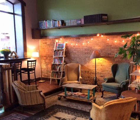 Cozy Book Cafe Aesthetic, Bookstore Lounge, Coffee Shop Lounge Area, Library Bakery Aesthetic, Tea And Book Shop, Bookstore Reading Area, Whimsical Bookstore, Small Cozy Bookstore, Boho Bookstore