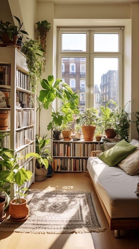 Green House Aesthetic Bedroom, Simple Room With Plants, Library And Plant Room, Green Room Library, Cozy Apartment With Plants, Natural Room Inspiration, Cozy Green Apartment, Bedroom With Plants And Books, Library Plant Room