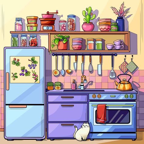 Animated House Interior, Kitchen Digital Art, Cute Kitchen Drawing, House Interior Drawing, Baking Wallpaper, Kitchen Cartoon, Cartoon Kitchen, Kitchen Illustration, Kitchen Drawing