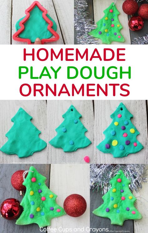 These sweet homemade play dough ornaments will make you smile for years. They are so simple even toddler and preschoolers can make them! How To Make Play Dough, Christmas Ornaments Homemade Diy Simple, Playdough Ornaments, Play Dough Ornaments, Christmas Ornaments Kids Can Make, Christmas Tree Footprints, Easy Playdough, Homemade Ornament, Diy Playdough