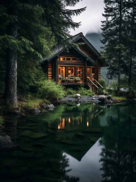 Forest House Aesthetic Cottage, Wooden Cabin In Forest, Forest Living Aesthetic, Lakeside Cabin Interior, Cabin In The Woods Wallpaper, House In The Forest Aesthetic, Cozy Forest House, Forest House Aesthetic, Log Planter