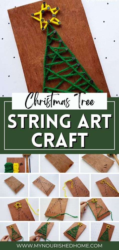 This Christmas Tree String Art Craft is a fun, hands on way to spend time with your kids this holiday season! Use it in your own holiday decor or gift it to family members as a thoughtful gift from your kids. With a few simple supplies and this step by step tutorial, your kids will be delighted to create their own Christmas Tree string art today! Click through for step by step instructions! String Art Christmas Tree, Leaf String Art, Christmas Tree String Art, Kids Crafts To Sell, Tree String Art, String Art Christmas, Pinwheel Craft, Christmas Tree Craft, School Christmas Party