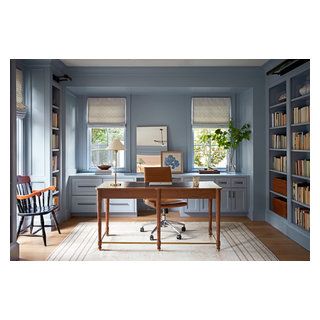 Rice Residence Renovation & Interiors - Transitional - Home Office - Houston - by Laura U Design Collective | Houzz Home Cubicle, Benjamin Moore Bedroom, Blue Home Offices, Transitional Home Office, Best Blue Paint Colors, Productive Office, Houston Design, Cherry Furniture, Home Office Layout