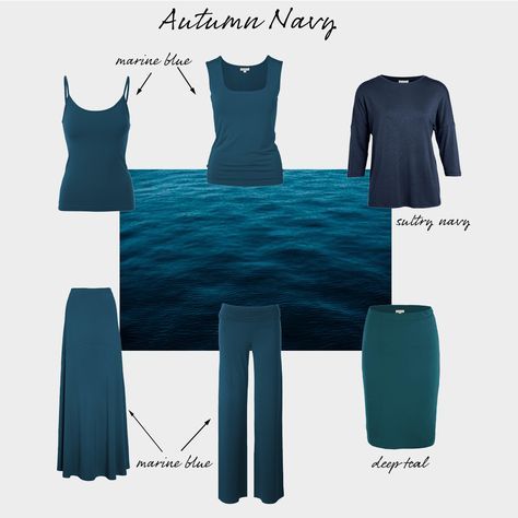 Autumns look great in pretty much every single shade of teal, and your best navy is actually a very dark teal rather than a true navy. Although many Autumns can and do compromise a little by wearing Winter's true navy, which harmonises well with all of the Autumn palette, your best look is always going to be that deep teal shade. Best Blues For Autumn, 12 Blueprints True Autumn, Hoc Autumn Outfits, Blue Autumn Color Palette, Blue Autumn Outfit, Neutral Color Palette Clothes, Teal Outfit Ideas, Dark Blue Autumn, Dark Autumn Outfits