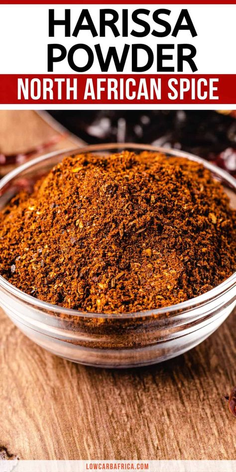 Harissa powder is a delicious African spice blend often found in Middle Eastern and African cuisine. If you love the spicy kick of harissa paste but cannot find it at your local grocery store, then this harissa powder recipe is for you! #condiments #Africancuisine Harissa Powder Recipes, Harissa Seasoning Recipes, African Spices Blend, Harrisa Paste Recipe, Middle Eastern Spice Blend, Baharat Spice Blend, Harissa Spice Blend Recipe, All Spice Recipe, Seven Spices Recipe