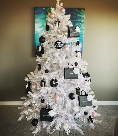 Channel Christmas Tree, Chanel Inspired Christmas Tree, Dior Christmas Tree, Chanel Christmas Tree Ideas, Boujee Christmas Tree, Chanel Christmas Tree, Fashion Christmas Tree, Glam Christmas Decor, Luxury Christmas Tree