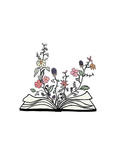 Book Flower Drawing, Flowers Coming Out Of Book, Book Drawing Aesthetic, Aesthetic Flower Sketch, Whimsical Writing, Bookmark Inspiration, Jalabia Styles, Books And Flowers, Whimsical Logo