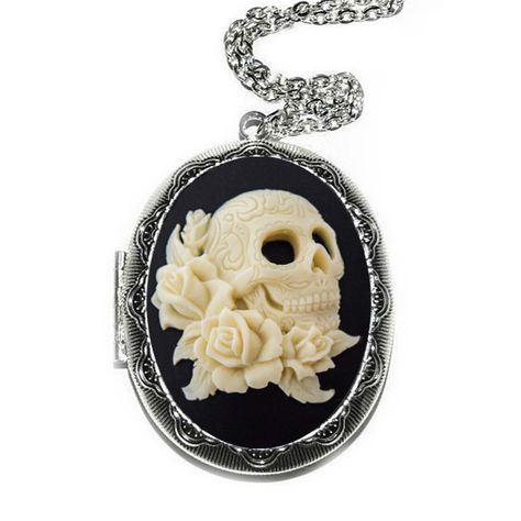 Day of the Dead Skull Locket Necklace – Couture By Lolita Necklaces Flower, Antique Gold Locket, Resin Background, Skull Cameo, Locket Necklace Vintage, Day Of The Dead Skull, Jewelry Lockets, Vintage Lockets, Cameo Jewelry