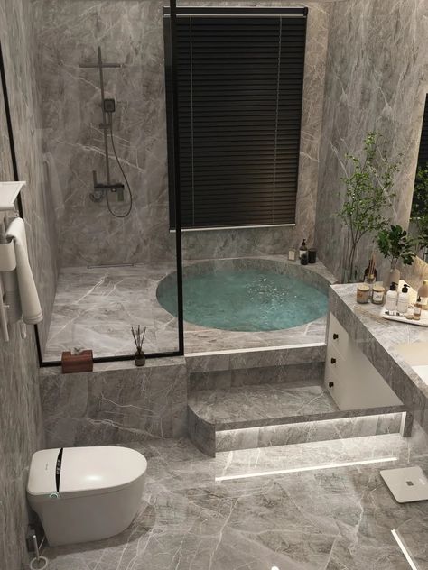 The gray marble wall and floor tiles are simple and durable. It is simply a dream bathroom. The whole space gives people a very comfortable feeling. There is also a large self-built bathtub for bathing. The first thing I want to do after work in the evening is to take a bath. Dream Apartment Decor, Smart Home Design, Bathroom Design Decor, Dream House Rooms, Bathroom Inspiration Decor, Bathroom Design Luxury, Amazing Home, Home Building Design, Design Your Dream House