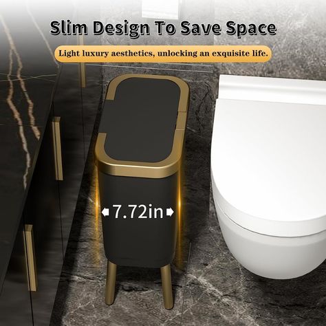 Modern Bathroom Trash Can, Restroom Trash Can Ideas, Bathroom Trash Can Ideas, Gold Trash Can, Black And Cream Bathroom, Office Trash Can, Trash Can Bathroom, Toilet And Bathroom Design, Trash Can With Lid