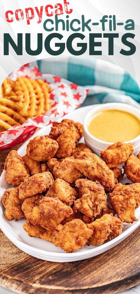 A platter of chicken nuggets with waffle fries and a yellow dipping sauce. Copycat Chick Fil A Nuggets, Fried Chicken Pieces, Chick Fil A Recipe, Chick Fil A Nuggets, Copycat Chick Fil A, Stay At Home Chef, Poultry Dishes, Nuggets Recipe, Yummy Chicken