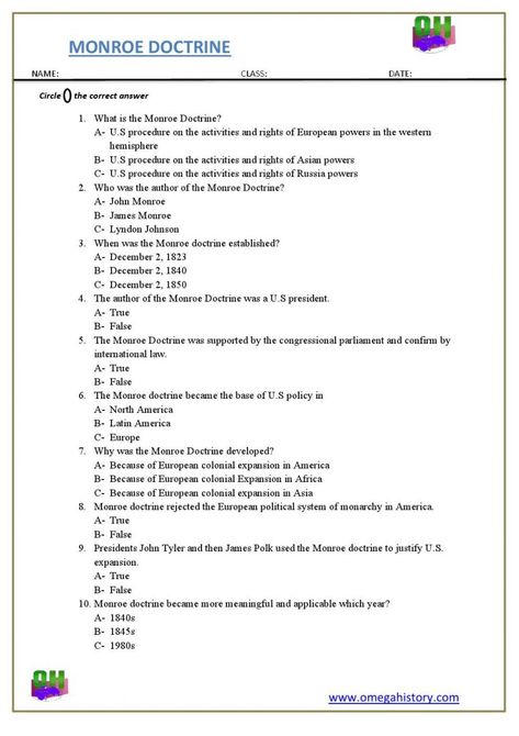 President Monroe doctrine of the united states- free worksheet PDF Current Events Worksheet, Alphabet Lesson Plans, Monroe Doctrine, Science Lessons Elementary, History Lesson Plans, History Worksheets, Map Worksheets, Constitution Day, Social Studies Worksheets