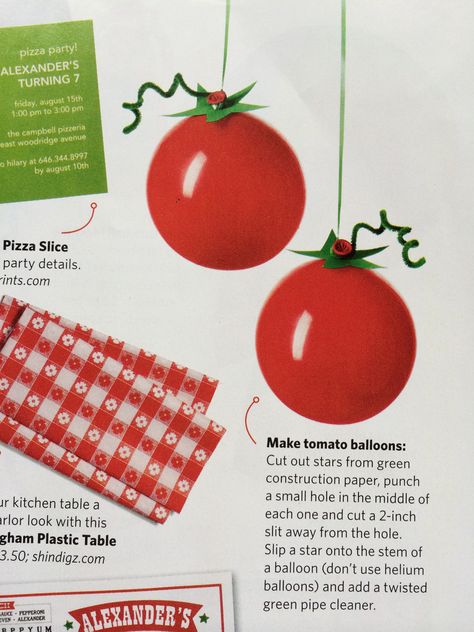 Pizza party - tomato balloons (Food Network Magazine April 2014) Italian Party Ideas Decorations, Italian Shower Theme, Pasta Themed Party 1st Birthdays, Tomato Party Decorations, Tomato Party Theme, Tomato Themed Birthday Party, Spaghetti Themed Party, Spaghetti Themed Birthday Party, Kids Pizza Party Ideas