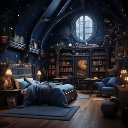 Raven Claw Dorm Room, Hogwarts Bedroom Ravenclaw, Wizard Themed Bedroom, Ravenclaw Themed Bedroom, Ravenclaw Room Ideas Bedrooms, Ravenclaw Themed Room, Wizard Bedroom Aesthetic, Wizard Room Decor, Hogwarts Dorm Aesthetic