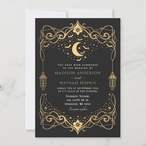 Gold Moon Gothic Bats Lantern Wedding  Invitation  Zazzle Moon Wedding Theme, Gothic Wedding Theme, Gothic Raven, Lantern Wedding, Gothic Baby, Moon Baby Shower, Baby Bats, Celestial Wedding, Wedding Anniversary Invitations