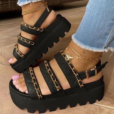 2012 Summer round head thick bottom with metal chain buckle Roman sandals women plus size small platform sandals https://m.alibaba.com/product/1600233167365/2012-Summer-round-head-thick-bottom.html?__sceneInfo={"cacheTime":"1800000","type":"appDetailShare"} Sandal Hak Tinggi, Ankle Wrap Heels, Sandals Patterns, Dress Flip Flops, Women Platform Sandals, Basic Heels, Ankle Wrap Sandals, Wedges Style, Wrap Sandals