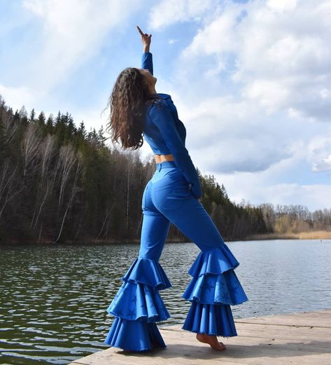 Bell trousers, stars dark blue, party swag Mama Mia Jumpsuit, Mamma Mia Abba Outfits, Abba Inspired Outfit Party, Mamma Mia Disco Party Outfits, Mamma Mia Concert Outfits, Mamma Mia Trio Costume, Abba Outfit Inspiration, Disco Abba Party Outfit, Mamma Mia Dance Costume