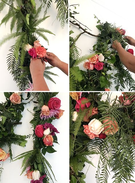 Tutorial :: How to make a fresh flower garland - We Are Scout How To Make Flower Garland Diy, Peony Garland, Diy Flower Garland, Fresh Flower Garland, Eucalyptus Swag, Diy Wedding Garland, Fresh Garland, Senior Banquet, Diy Swag