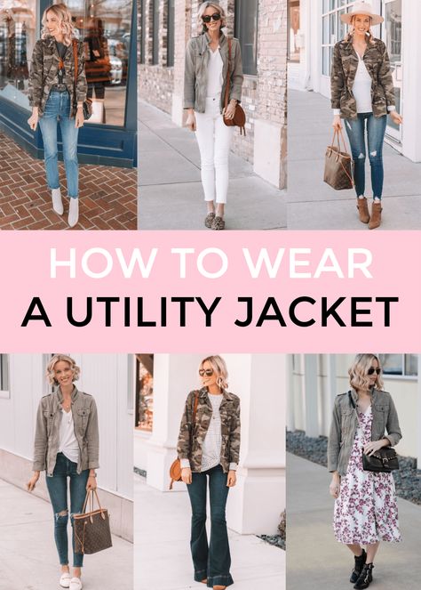 how to wear a utility jacket, utility jacket outfit ideas, utility jacket outfits, green utility jacket, camo utility jacket Utility Jacket Outfit, Camo Jacket Outfit, Fall Jackets Outfit, Denim Utility Jacket, Womens Utility Jacket, Blogger Home, Jacket Outfit Women, Outfit Inspiration Women, Straight A