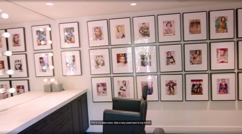 Glam room with framed vogue magazines, separate entrance Kendall Jenner House, Jenner House, Magazine Wall, Transitional Contemporary, Beverly Hills Houses, Glam Room, House Room, Beauty Room, Architectural Digest