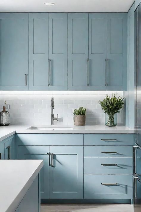 Cooltoned blue cabinets creating a serene kitchen atmosphere Modern Kitchen Cabinet Colors, Light Blue Kitchen Cabinets, Serene Kitchen, Open Kitchen Layout, Blue Gray Kitchen Cabinets, Open Kitchen Layouts, Kitchen Remodeling Ideas, Grey Blue Kitchen, Light Vs Dark