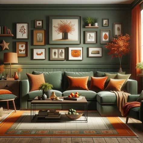 Sage Green Burnt Orange Living Room, Green Colour Living Room, Green And Burnt Orange Living Room, Burnt Orange And Green Living Room, Burnt Orange And Forest Green, Burnt Orange Rooms, Forest Green Living Room, Orange And Forest Green, Forest Living Room