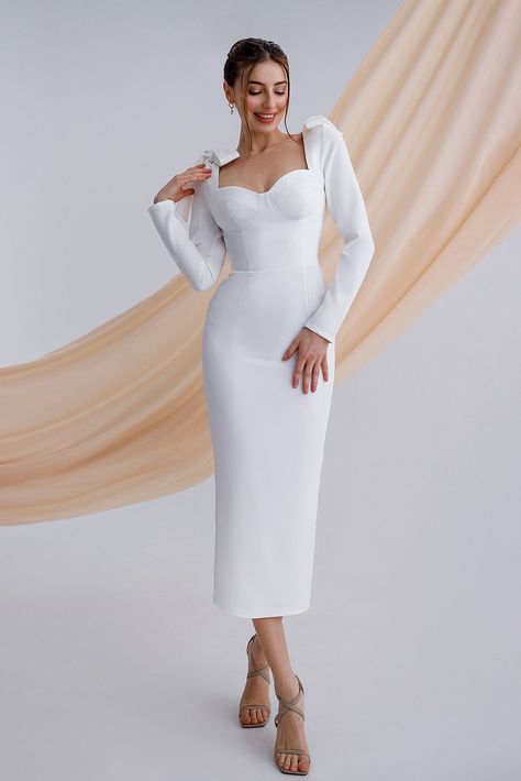 Make a captivating entrance in our White Sweetheart Bow Shoulder Midi Dress, a symbol of feminine elegance and charm. Picture yourself as the embodiment of refined beauty, draped in the purity of white with a sweetheart neckline and bow-adorned shoulders that enchant and captivate all who behold you.  #whitedress #dress ##dresses #mididress #eveningdress #weddingdress #dresslover #fashion #style Feminine Elegance, Wear Store, Simple Dress, Women's Wear, Affordable Clothes, Style Board, Latest Fashion For Women, Simple Dresses, Sweetheart Neckline